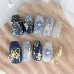 成人式ネイルチップ青紺ネイビー振袖ぷっくりフラワーニュアンス水引金箔花和柄着物