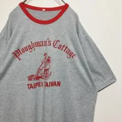 ビンテージ　リンガーtシャツ　古着　L  グレー　染み込みプリント