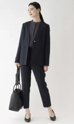 オペークドットクリップ　パール調ボタンジャケット　パンツ　セットアップ