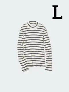 ユニクロ　リブボーダーハイネックT 長袖Tシャツ　カットソー　ボーダー　白　L
