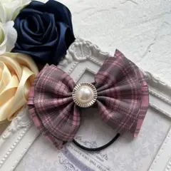 ☆ピンク グレー チェック リボン ヘアゴム