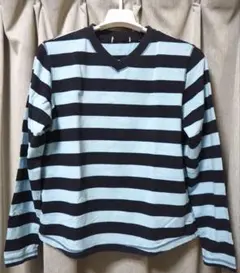 古着 長袖ボーダーVネックTシャツ ネイビー 水色