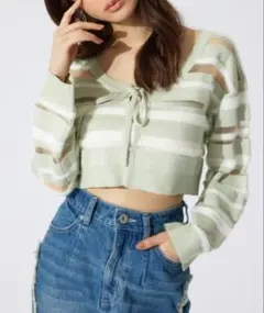 rienda シアーボーダーニットカーディガン シアー トップス グリーン