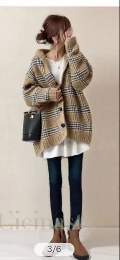 チェック柄 フード付きニットセーター Lサイズ