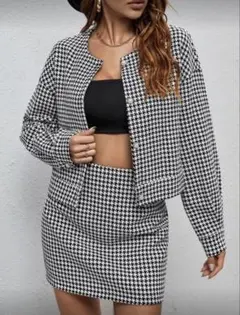 SHEIN 千鳥格子 ドロップショルダー ツイード ジャケット ＆ スカート