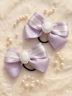 ラベンダー リボン ヘアゴム 2個セット 入園 入学 発表会 パール 上品