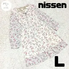 【NISSEN】ニッセン 春 花柄 ワンピース ティアード 白 大人ガーリー L