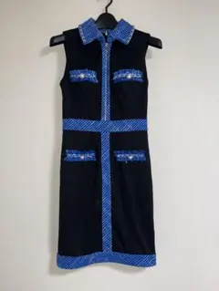 アン　黒　ブラック　ブルー　ツイード　ミニワンピ　カップ付き　パールボタン
