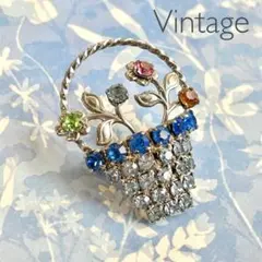 #5049 ヴィンテージ　ブローチ　ラインストーン　フラワー　バスケット