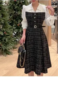 (良品)ツイード シャツワンピース 長袖 ブラック・ホワイト