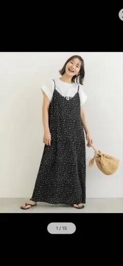 coca ドット柄 キャミワンピース ロング丈 ブラック