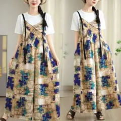 夏にぴったり ゆったり 薄手 プリント サロペット オーバーオール ファッション