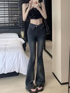 ウエスト折り返しフリンジフレアデニム[ks003]/GRL