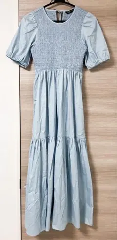ZARA ザラ ティアード ロングワンピース マキシ丈 ポプリン ブルー