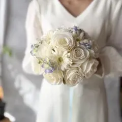 アイボリー×水色ラウンドブーケ☆ブートニア