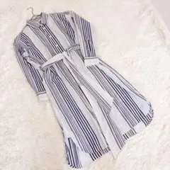 UNIQLO ストライプシャツワンピース 長袖 ネイビー　リボンベルト
