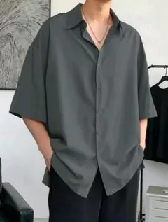 ダークグレー 半袖シャツ メンズ XXL Tシャツ 古着 オープンカラーシャツ