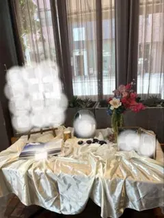 ホワイトシフォンとサテンテーブルクロス　ウェルカムスペース小物