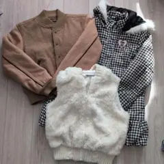 ベージュジャケット・チェックコート・ファーベスト　３点セット