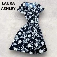 【ローラアシュレイ】半袖フレアワンピース(S)ミディ丈 花柄 ネイビー ベルト付