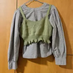 チェック柄　ブラウス　ニットキャミソールセット