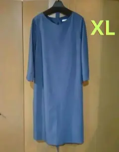 青◆ブルー◆七分袖◆ワンピース◆XL◆レディース◆Vネック◆ベルト付◆ミセスLL
