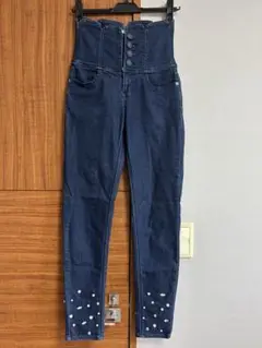 【美品】ハイウエストデニム パンツ ビジュー レース付き Sサイズ インディゴ
