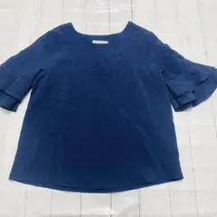 BRONZE ネイビー Vネック 半袖ブラウス　袖フリル　オフィス　着回し717