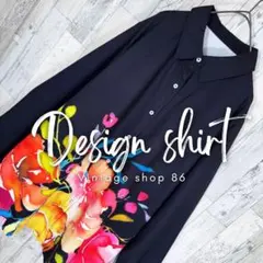 柄シャツ レディース 長袖 S 黒 未使用 古着 総柄 花柄 レトロ アート