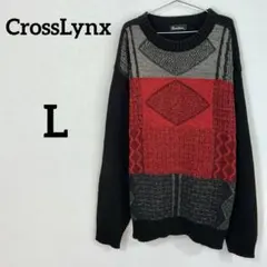 【CrossLynx】総柄ニット クレイジーパターン 切替デザイン L
