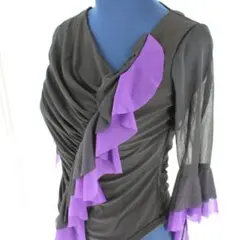 【美品 社交ダンス衣装】トップス 黒 紫 フリル ドレープ バイカラー おしゃれ