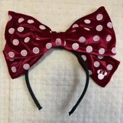 ディズニー ミニー カチューシャ ベロア 赤 リボン 水玉刺繍 ドット