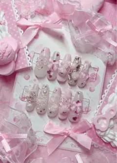 ꒰NO29꒱ ネイルチップオーダー 量産型 萌 いちご 春ネイル ワンホン