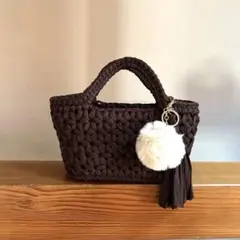 ダークブラウン×Ｔシャツヤーン　ズパゲッティ マルシェバッグ　お花模様