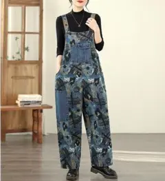 プリント おしゃれ ビッグサイズ デニム サロペット パンツ 個性 ストレート