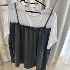 大きいサイズホワイト/グレー レイヤード 半袖Tシャツ