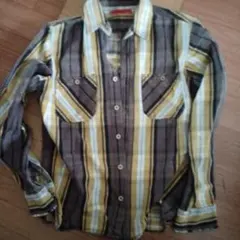 エドウィン M 長袖ネルシャツ ブラウン/イエロー ストライプ