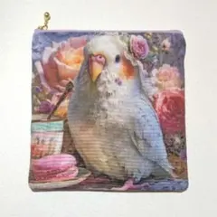 ハンドメイド フラットポーチ インコ 花柄 パネル生地
