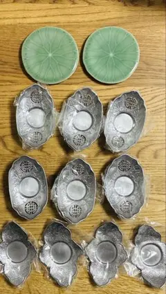 訳あり12枚セット錫コースター茶托 シノワズリ中国茶道具古錫透かし花図彫瓜型茶托のサムネイル