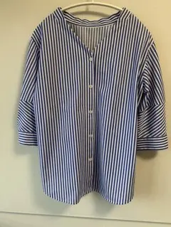 休日と詩 ピーナッツシャツ 半袖 ストライプ ブルー ノーカラー TANDEY