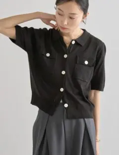 【新品】BONJOUR SAGAN 麻タッチコンパクトポロカーデ／ブラックのサムネイル