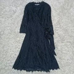 DVF　総レースラップワンピース　ドレス　カシュクール　花柄刺繍　リボンベルト