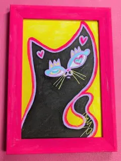 黒猫　ハガキサイズ　額縁付き　絵画　イラスト　猫の絵　インテリア　アート　猫