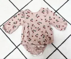 チェリー柄ロンパース 長袖 ピンク