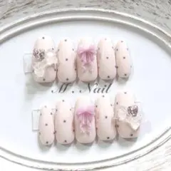 ネイルチップ フレンチガーリー リボン ドットネイル 量産型 韓国