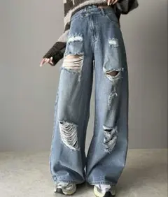 ダメージ加工　ワイドデニムパンツ