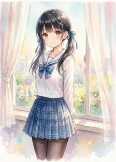 2100 ツインテール美少女セーラー服窓辺水彩風アートポスターイラスト