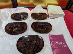 小判茶托　5枚　未使用箱入 越前塗　沈金牡丹彫　漆器