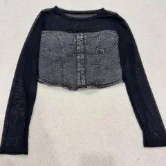 美品　デニムメッシュ クロップド長袖トップス