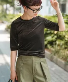 スピックアンドスパン ベロアハーフスリーブプルオーバー ブラウン